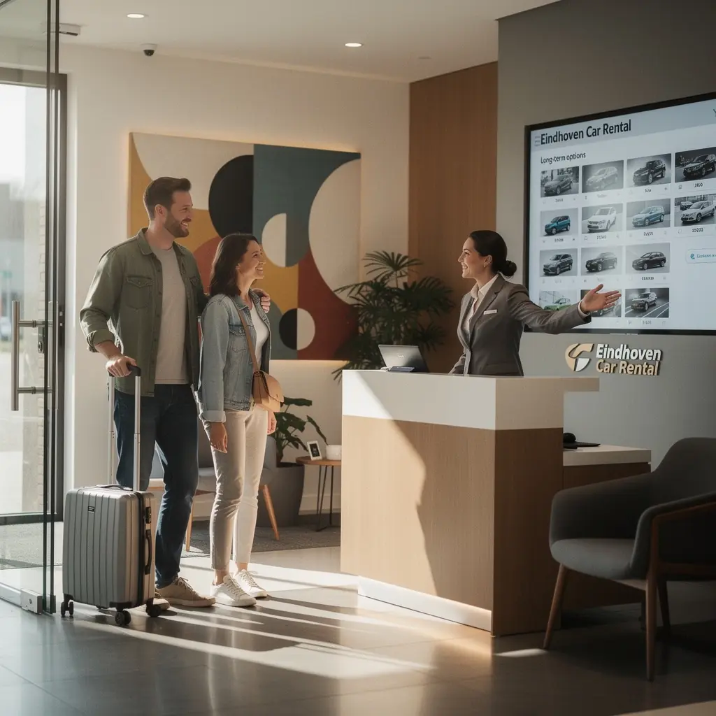 Een afbeelding van een auto op een parkeerplaats met een grafiek die maandelijkse huurprijzen vergelijkt.