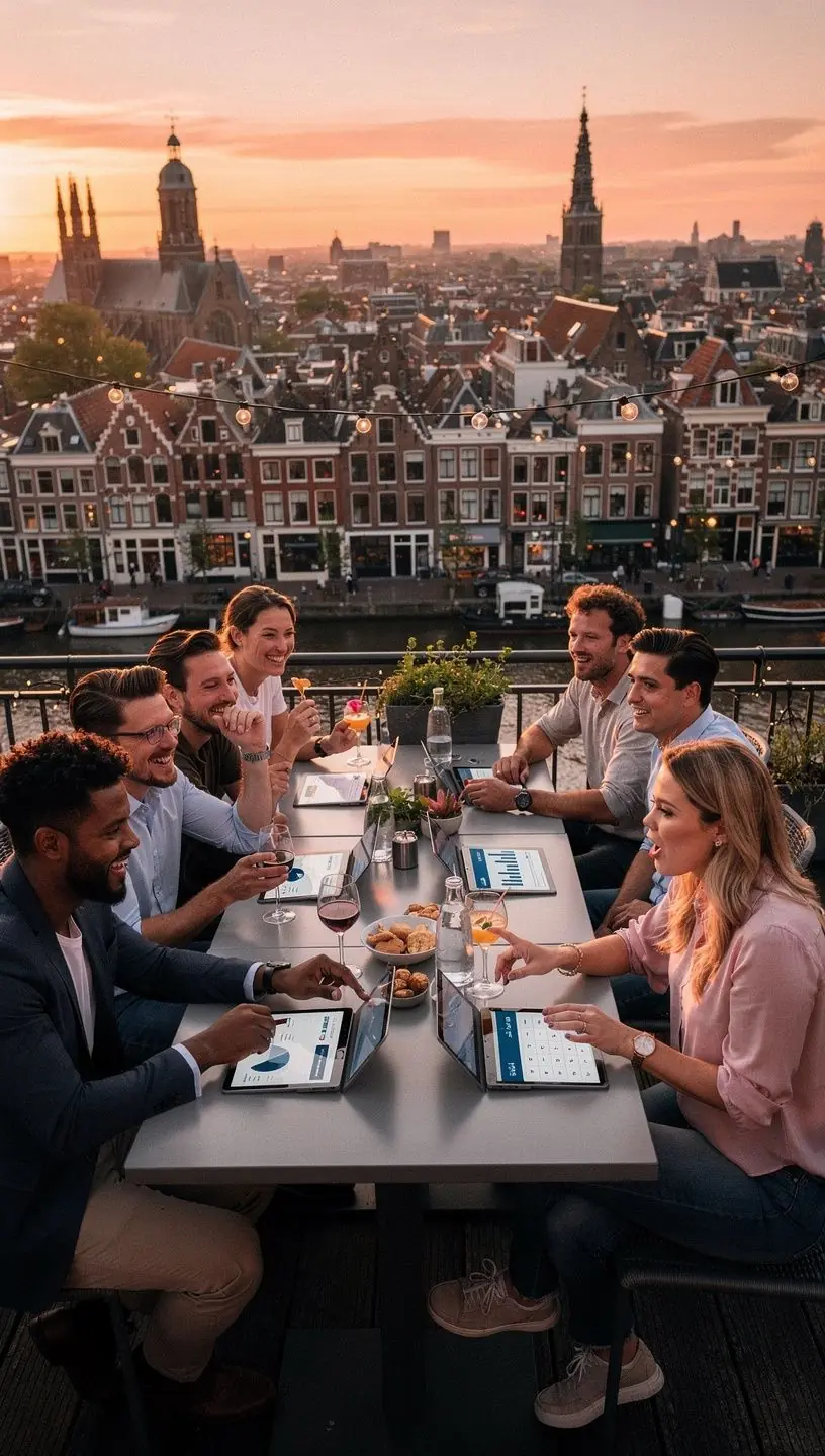 Een tevreden gezin dat in een gehuurde auto rijdt tijdens een roadtrip door het Nederlandse landschap.